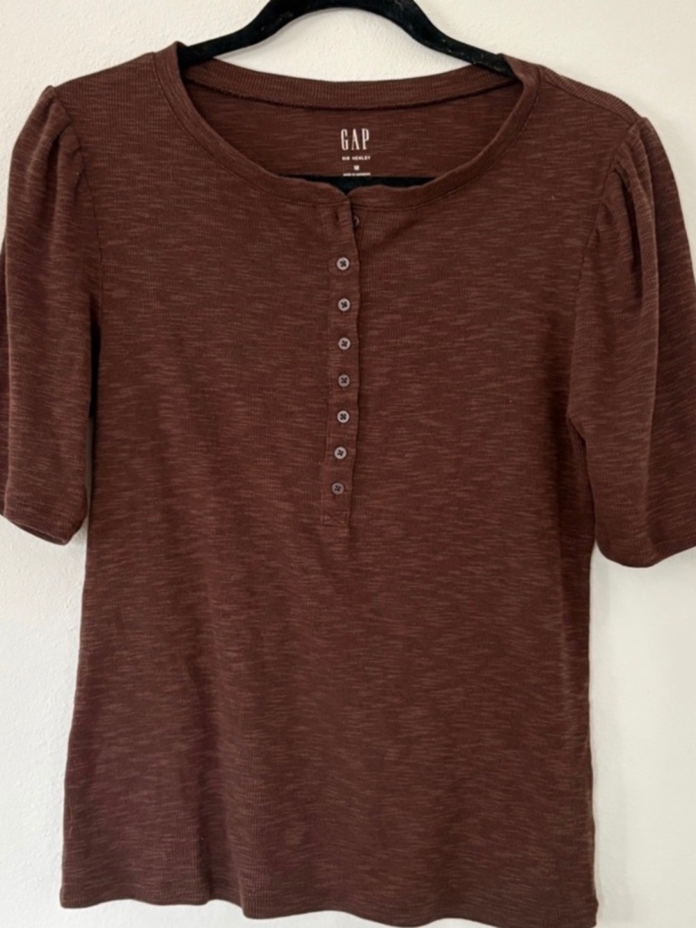 Gap Rib Henley Short Puff Sleeve Button Up Cotton Blend Top Y2K Cottagecore